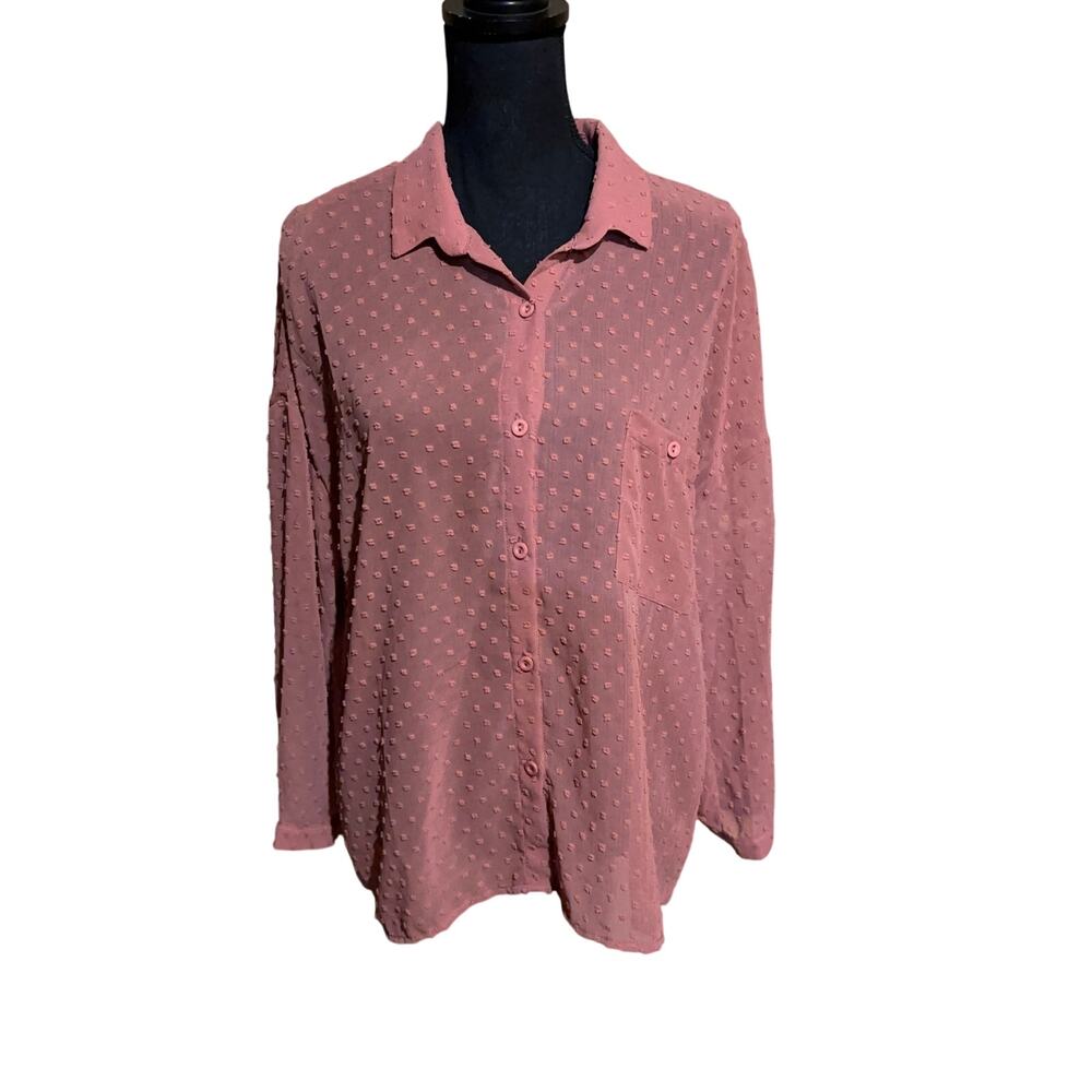 Favlux Dusty Pink Swiss Dot Semi Sheer Button Front Blouse Women's Medium